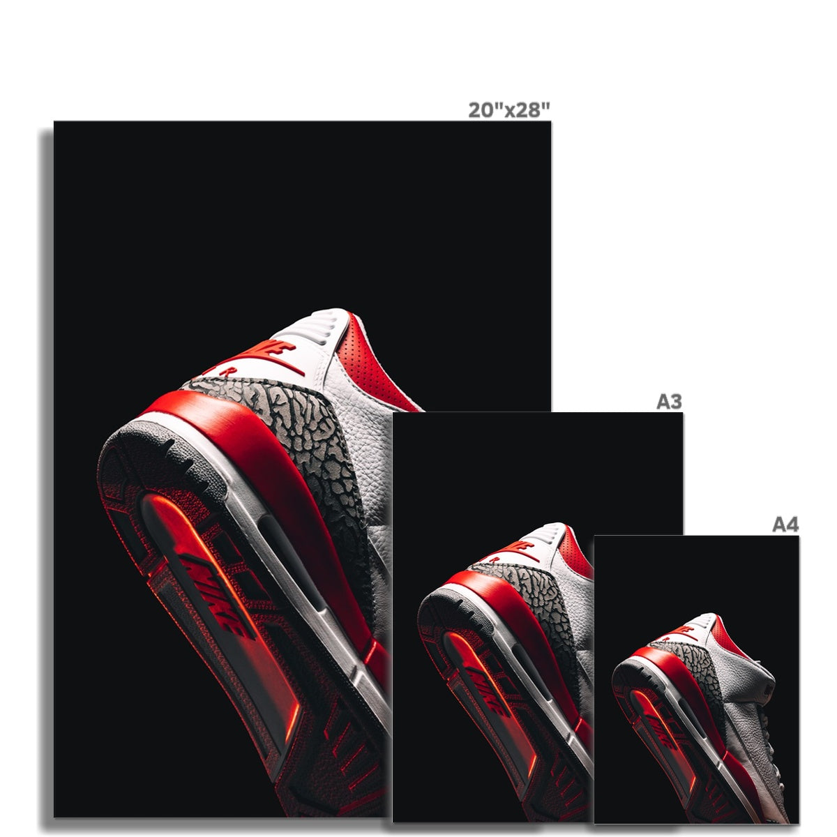 Size Guide Image of Air Jordan 3 Fire Red Sneaker Poster